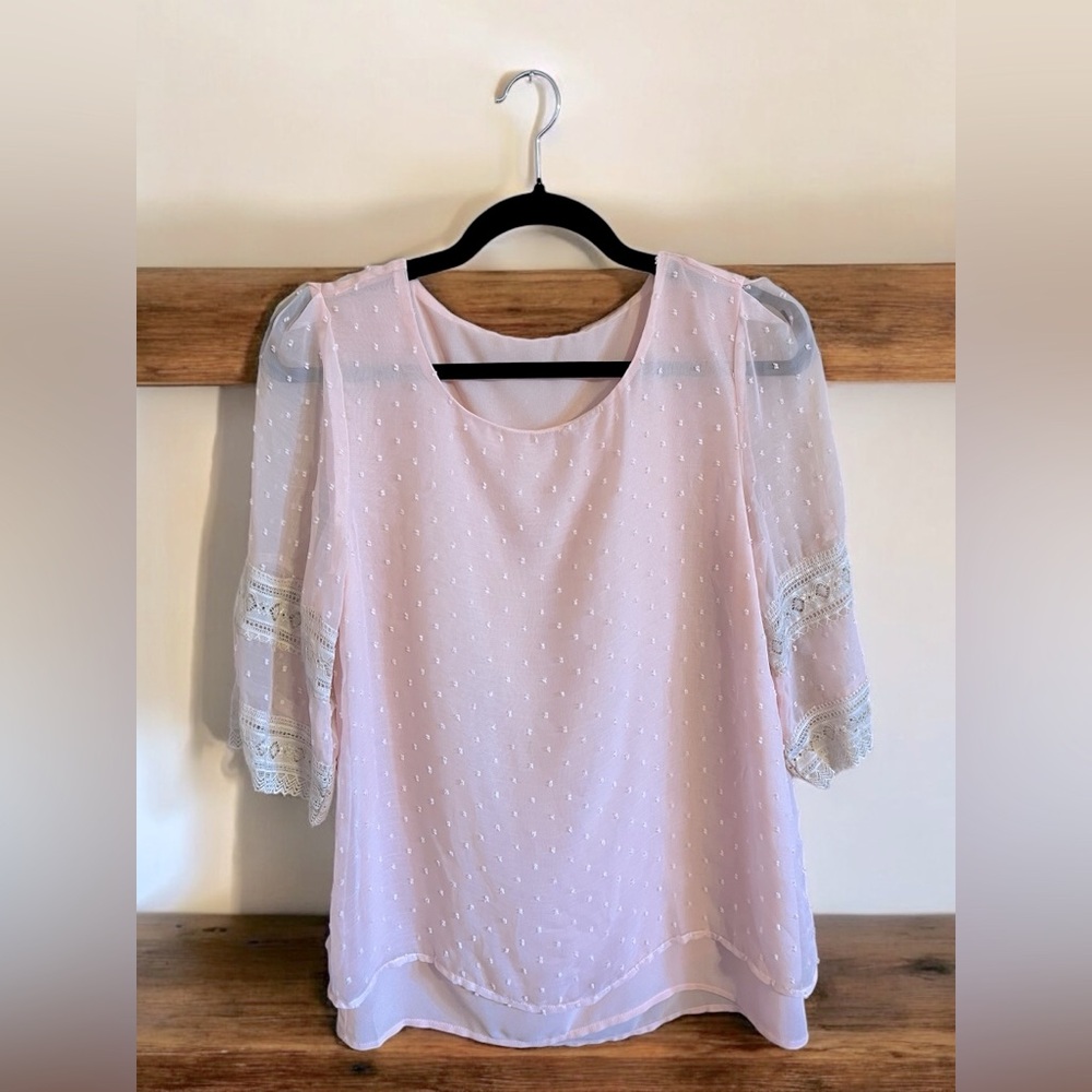 Pink Dotted Organza Sheer 3/4 Sleeve Lace Blouse